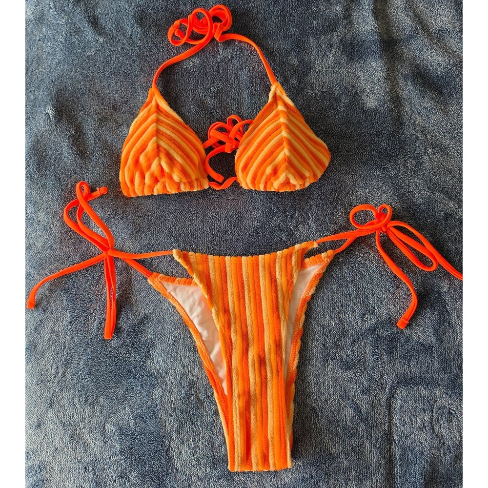 Women's Orange Striped Bikini Set XS Resort Swimsuit Two Piece Swimwear